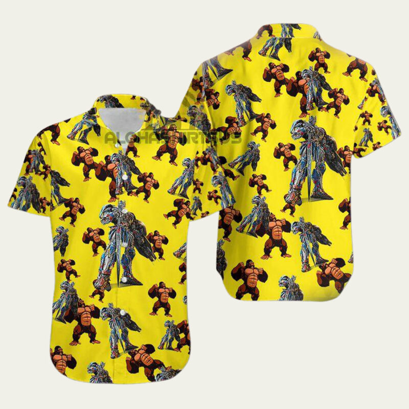 TRANSFORMERS OPTIMUS PRIME MEGATRON GORILA REY KONG YELLOW TROPICAL HAWAIIAN SHIRT