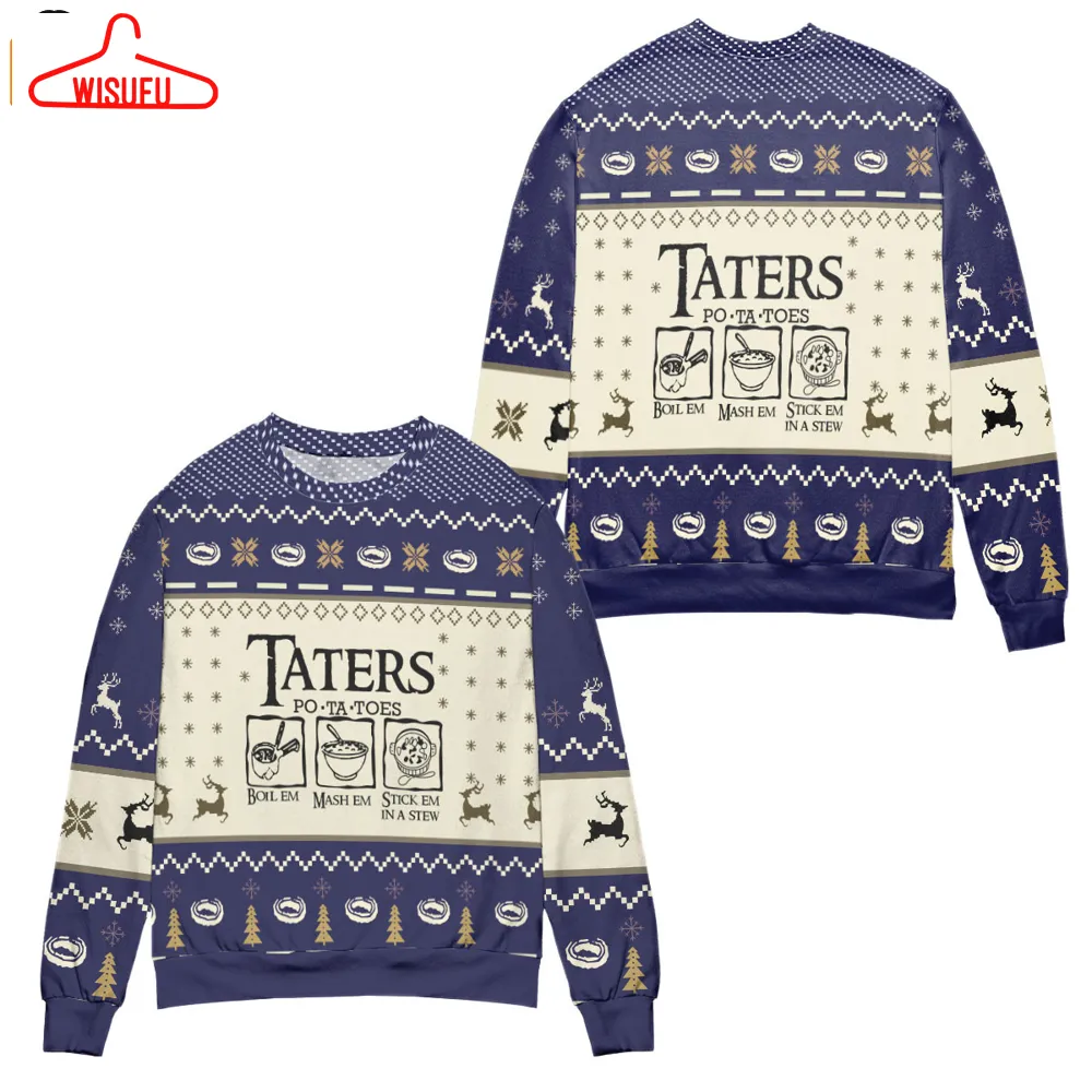 Taters Potatoes Recipe Pine Tree & Reindeer Pattern Ugly Christmas Sweater