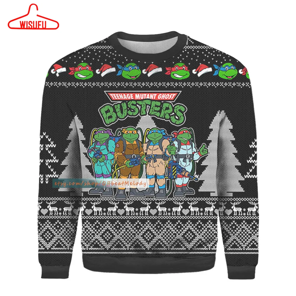 Teenage Mutant Ninja Turtles Ghostbusters Ugly Christmas Sweater, Teenage Mutant Ninja Turtles Fans Ugly Sweater, 2024 Christmas Ugly