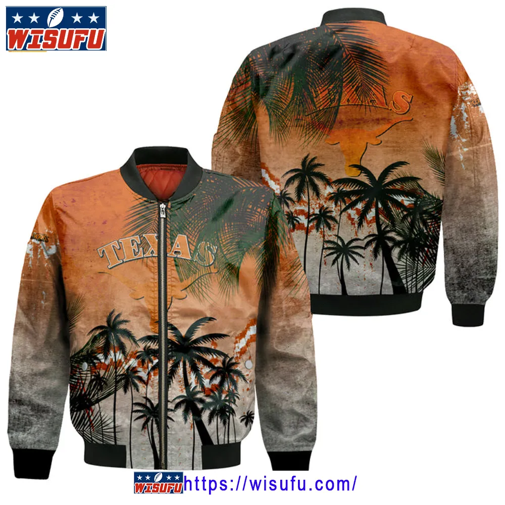 Texas Longhorns Coconut Tree Tropical Grunge Bomber Jacket