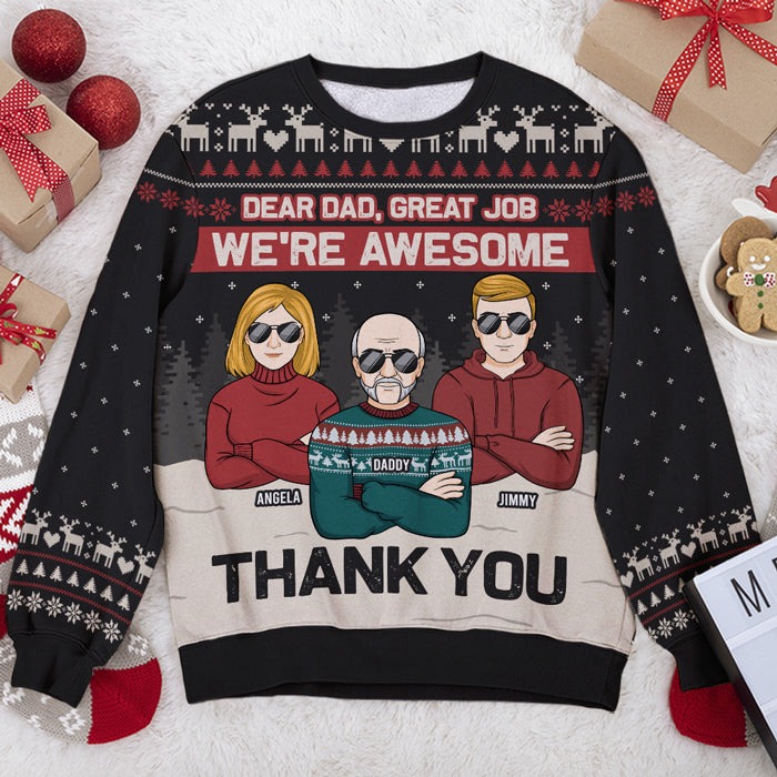 Thank You Dad We're Awesome - Personalized Custom Unisex Ugly Christmas Sweatshirt, Wool Sweatshirt, All-Over-Print Sweatshirt - Gift For Dad, Christmas Gift