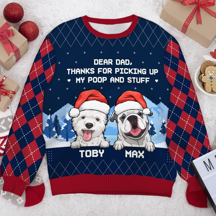 Thanks For Picking Up My Stuff - Personalized Custom Unisex Ugly Christmas Sweatshirt, Wool Sweatshirt, All-Over-Print Sweatshirt - Gift For Dog Lovers, Pet Lovers, Christmas Gift