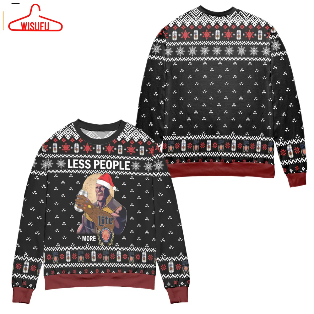 Thanos Less People More Miller Lite Snowflake Pattern Ugly Christmas Sweater