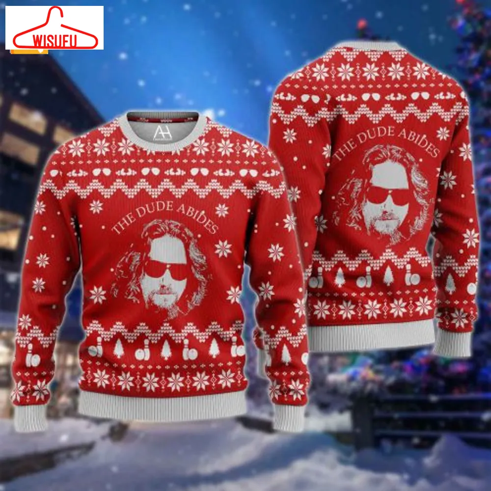 The Big Lebowski The Dude Abides Red Ugly Christmas Sweater