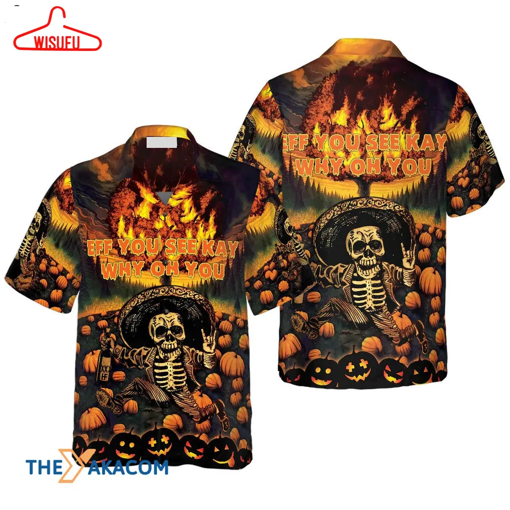 The Burning Pumpkin Sky And Skeleton Halloween Hawaiian Shirt, New Fashion Gifts