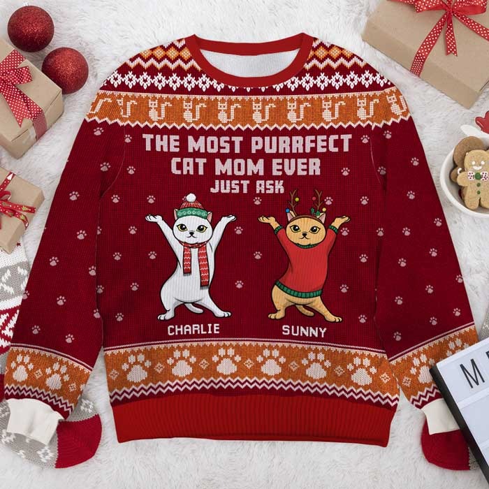 The Most Purrfect Cat Mom Ever - Personalized Custom Unisex Ugly Christmas Sweatshirt, Wool Sweatshirt, All-Over-Print Sweatshirt - Gift For Cat Lovers, Pet Lovers, Christmas Gift