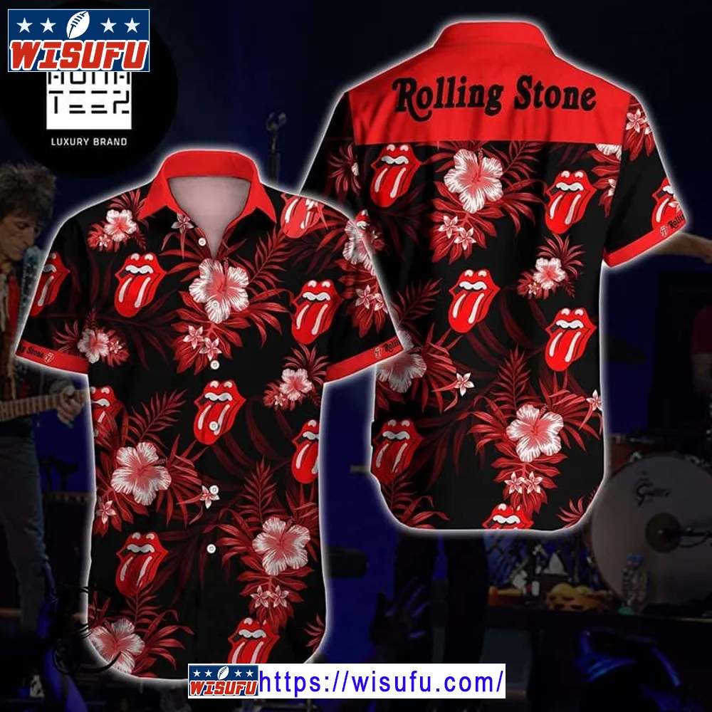 The Rolling Stones Logo And Tropical Flower Black And Red 2024 Trending Hawaiian Shirt