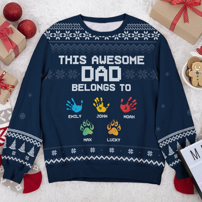 This Awesome Dad Belongs To - Personalized Custom Unisex Ugly Christmas Sweatshirt, Wool Sweatshirt, All-Over-Print Sweatshirt - Gift For Dad, Christmas Gift