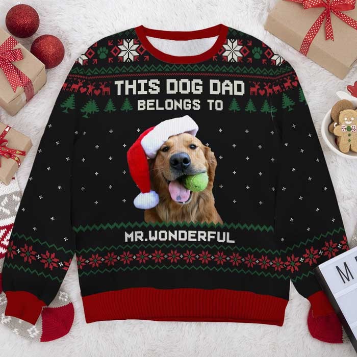 This Dog Dad Belongs To - Personalized Custom Unisex Ugly Christmas Sweatshirt, Wool Sweatshirt, All-Over-Print Sweatshirt - Upload Image, Gift For Dog Lovers, Pet Lovers, Christmas Gift