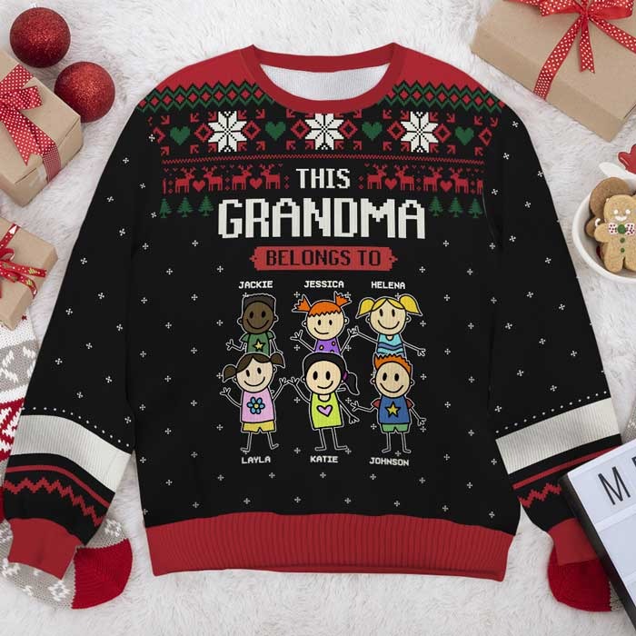 This Grandma Belongs To - Family Personalized Custom Ugly Sweatshirt - Unisex Wool Jumper - Christmas Gift For Grandma, Grandparents