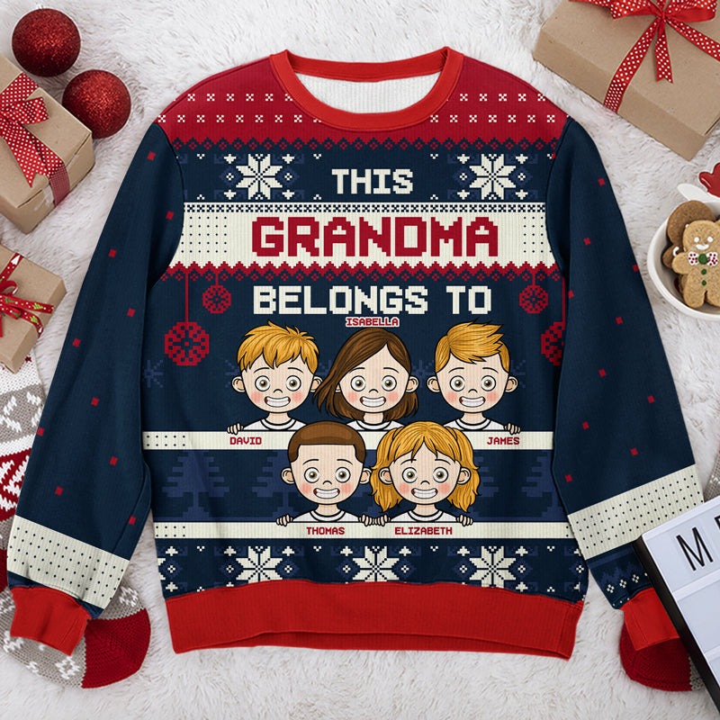 This Grandma Belongs To - Personalized Custom Unisex Ugly Christmas Sweatshirt, Wool Sweatshirt, All-Over-Print Sweatshirt - Gift For Grandma, Grandparents, Christmas Gift