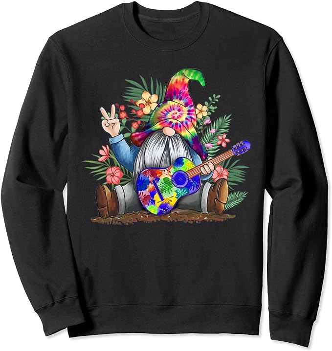 Tie Dye Gnome Peace Playing Guitar Hippie Gnome Colorful Sweatshirt