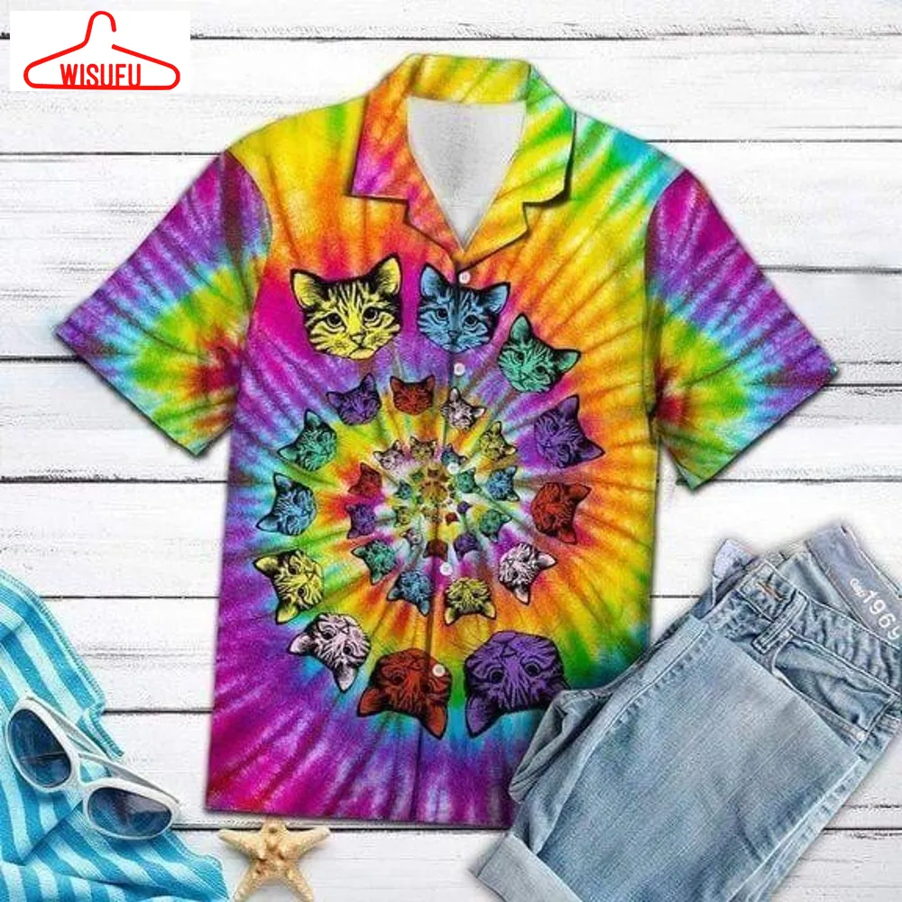 Tie-dye Psychedelic Hippie Cat Hawaiian Shirt