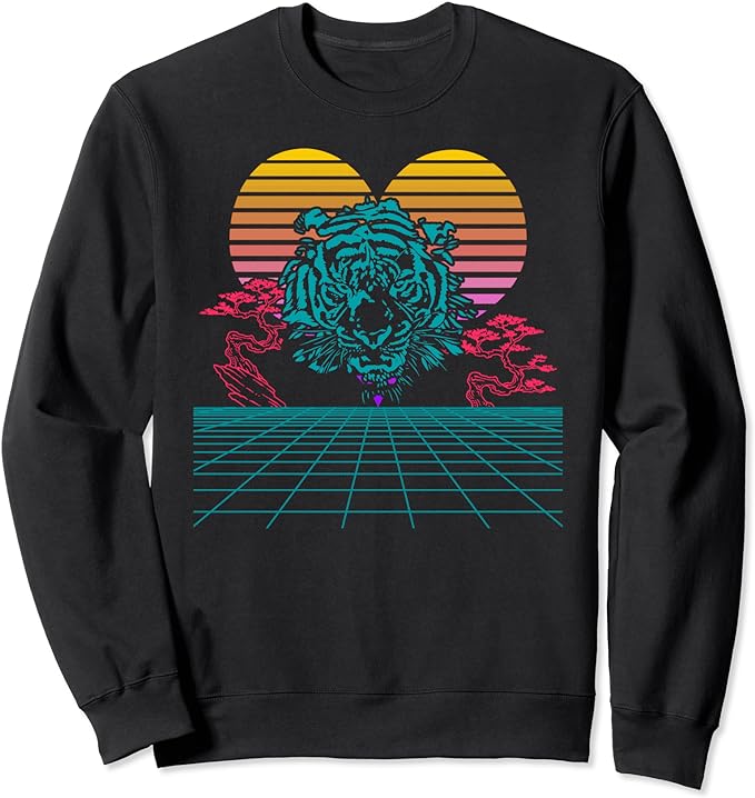Tiger Lover Retro 80s Vaporwave Grid Sunset Heart Graphic Sweatshirt