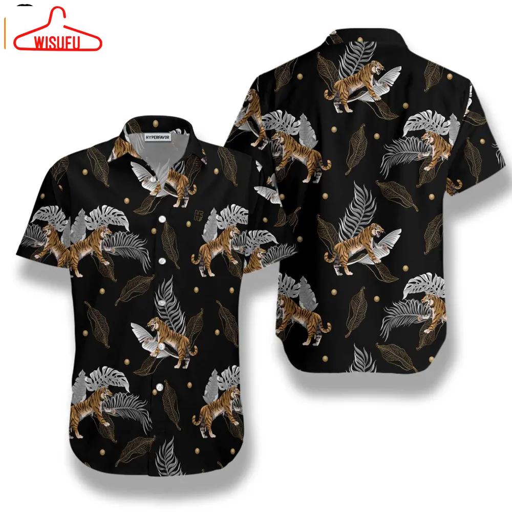 Tiger With Palm Leaves Shirt For Men Black Hawaiian Shirt, New Fashion Gifts