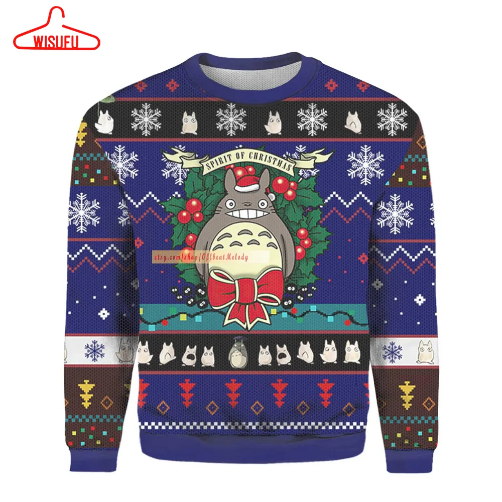 Totoro Ugly Christmas Sweater, Cute Santa Anime My Neighbor Totoro Ugly Sweater, Totoro Besties Christmas Ugly Sweater Over Print