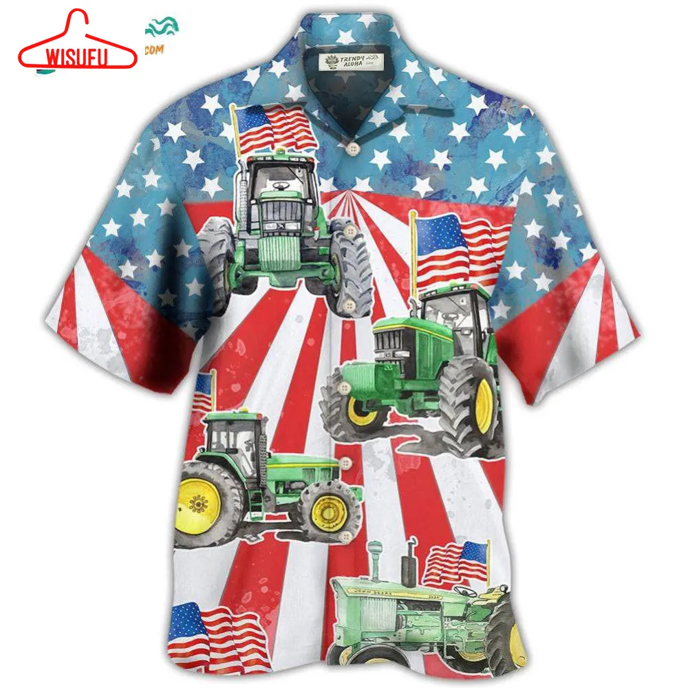 Tractor Independence Day Watercolor Tractor Us Flag Hawaiian Shirt- Wisufu Aloha