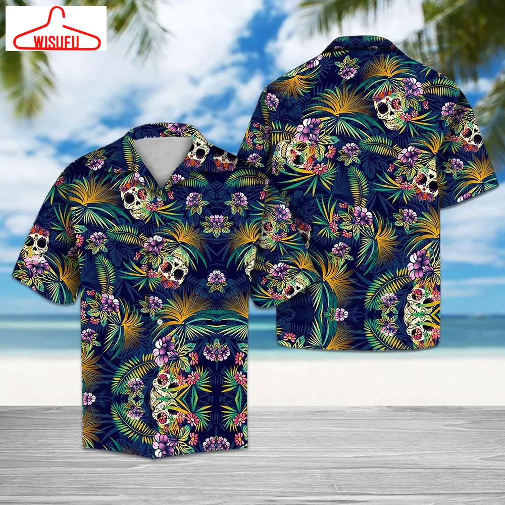 Tropical Blue Skull Hawaiian Shirt Summer Button Up For Men, Women, Couple, New Hawaiian Holiday Outfits, New Fashion Gifts