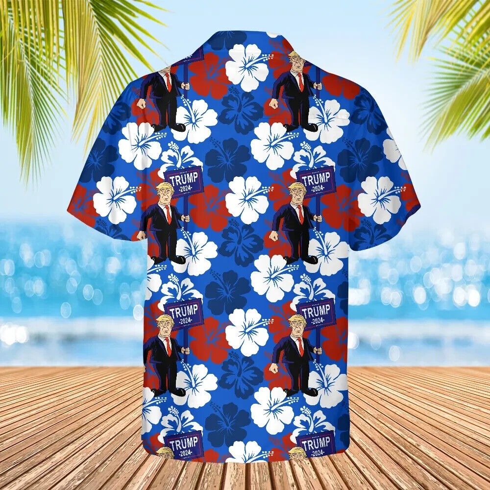 Trump Hawaiian Shirt, Trumpical Re-Elect Blue Pattern, Trump 2024, S-5XL US Size