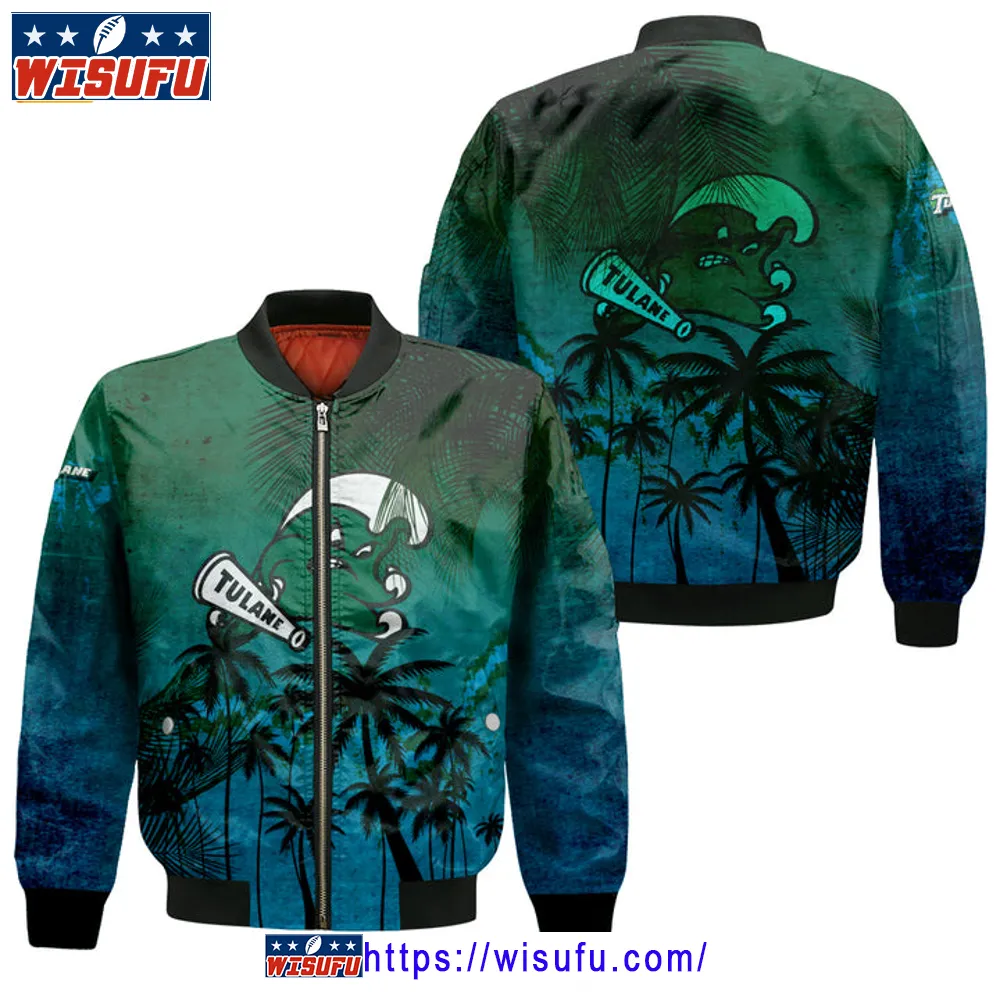 Tulane Green Wave Coconut Tree Tropical Grunge Bomber Jacket