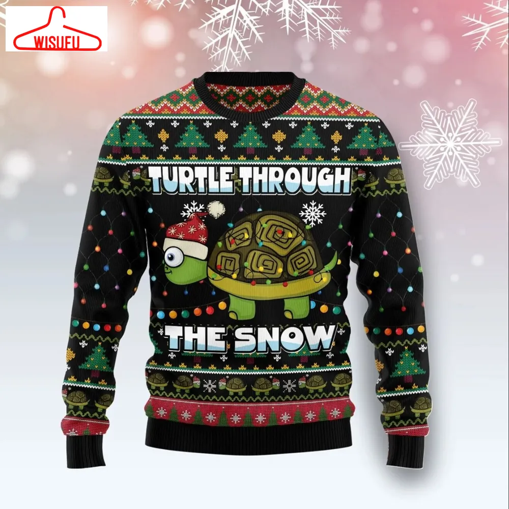 Turtle Through Snow Ugly Knitted Christmas Sweatshirt, Turtle Xmas Sweater, Christmas Sweater, Ugly Christmas Sweater