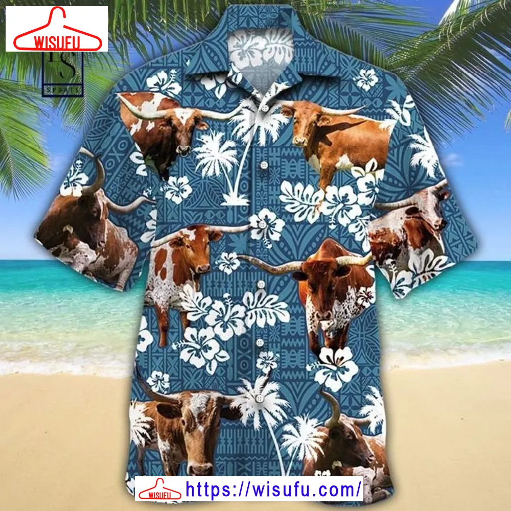 Tx Longhorn Cattle Blue Tribal Hawaiian Shirt, New Fashion Gifts