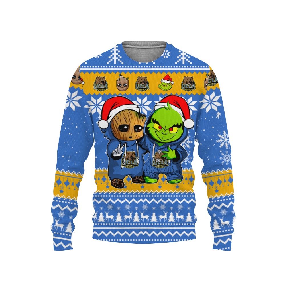 UCLA Bruins Baby Groot And Grinch Best Friends Football American Ugly Christmas Sweater New Trends For Fans Club Gifts Unisex, Hoodie, Sweatshirt-3D Sweatshirt