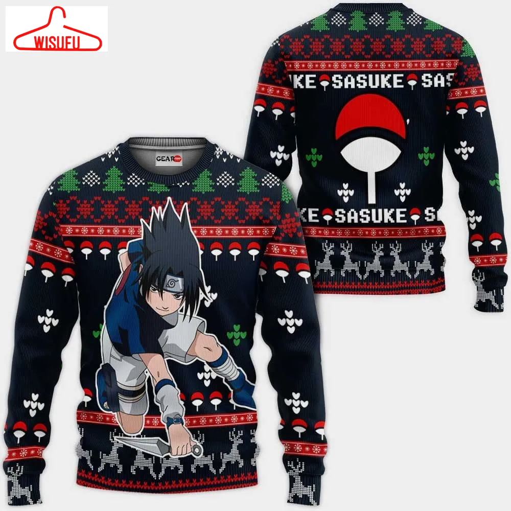 Uchiha Sasuke Christmas Sweater Custom Xmas Gifts, Anime Ugly Christmas Sweater Gift For Family