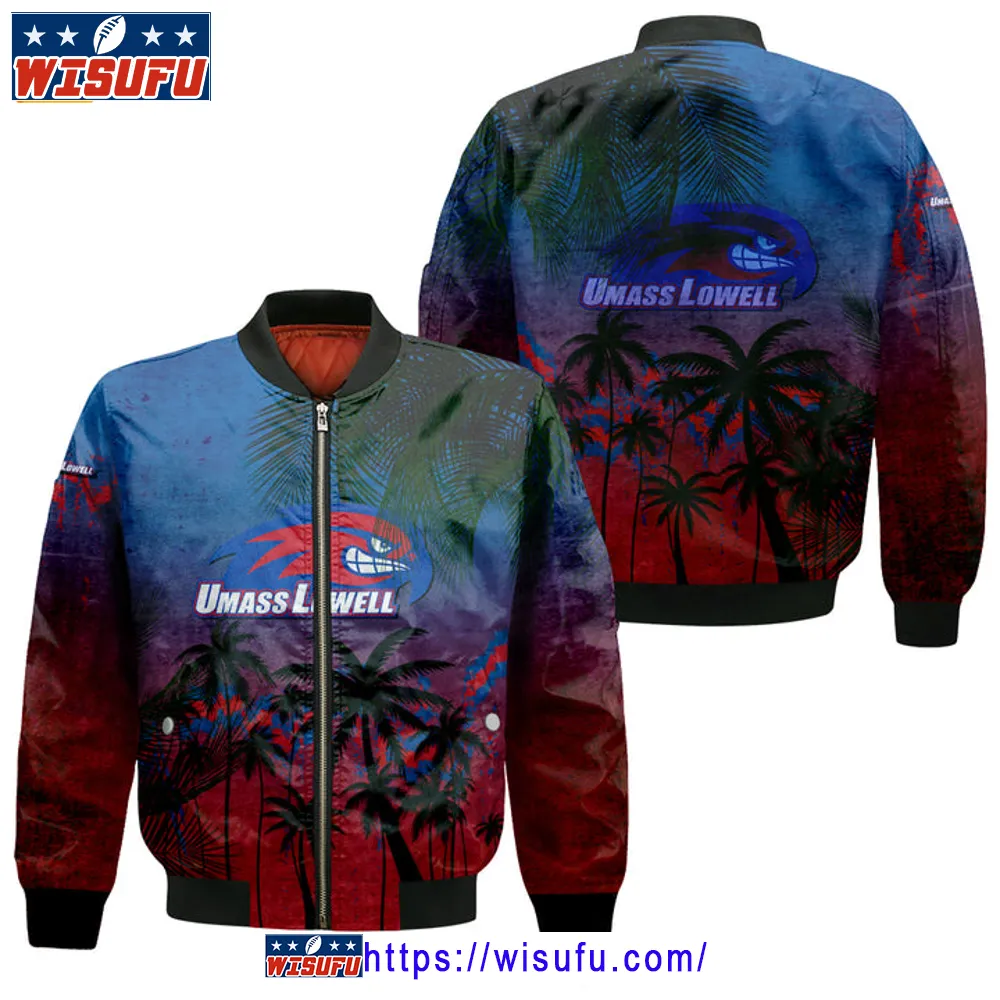 Umass Lowell River Hawks Coconut Tree Tropical Grunge Bomber Jacket