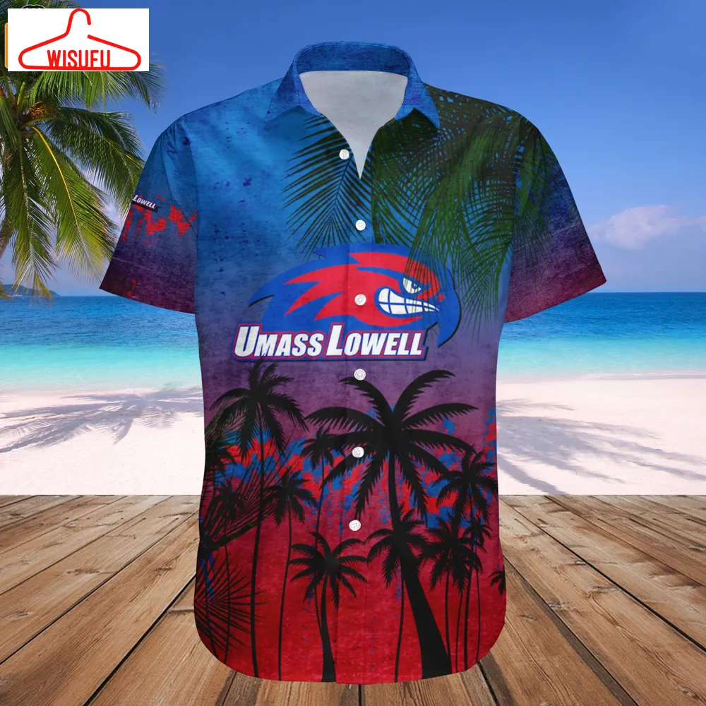 Umass Lowell River Hawks Coconut Tree Tropical Grunge Hawaiian Shirt, New Fashion Gifts