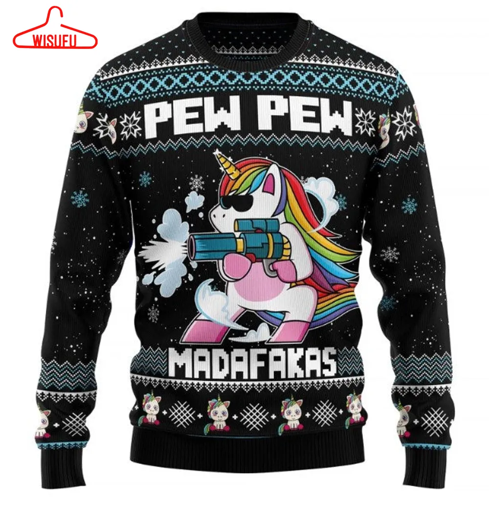 Unicorn Pew Pew Ugly Christmas Sweater, Xmas Sweater, Christmas Gift Sweatshirt, Gift Man Womenkid