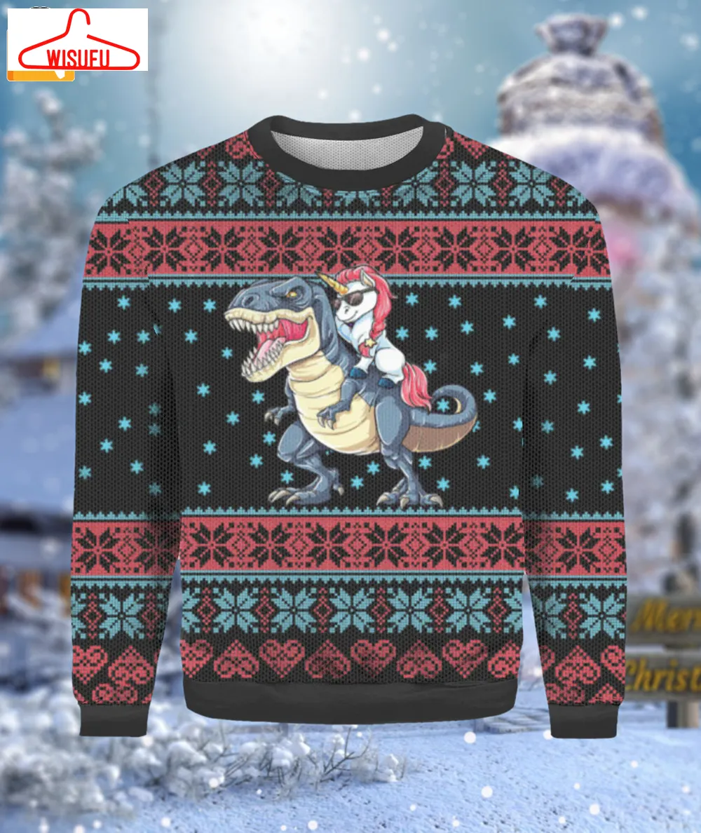 Unicorn Riding Dinosaur To Christmas Town Ugly Sweater