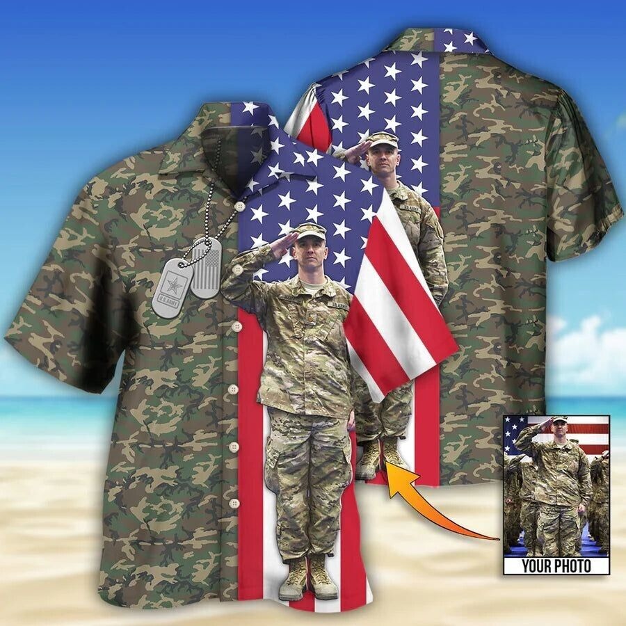 Us Army Tropical Us Flag Custom Photo Hawaiian Shirt For Men, S-5XL US Size