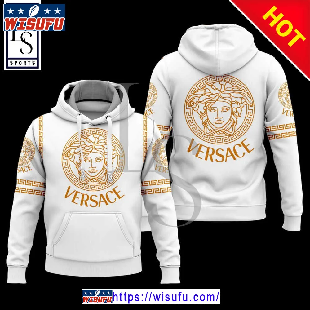 Versa.ce White Golden Logo Luxur.y Unise-x Hoodie Luxur.y