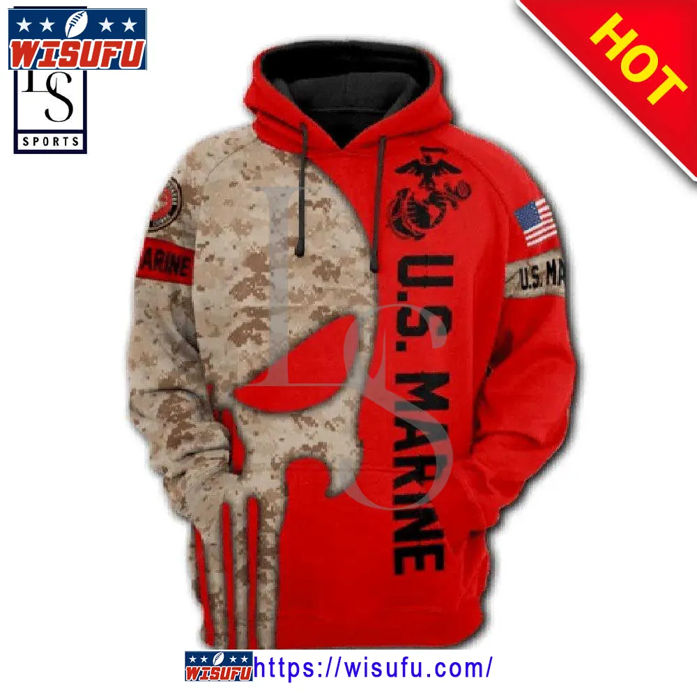 Veteran American Military Us Marines Skull On Left 3d Hoodie