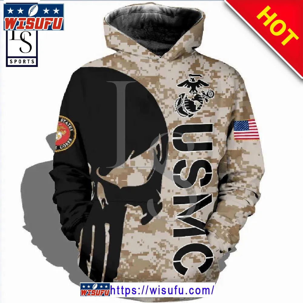 Veteran American Military Usmc Marines Black Skull On Left 3d Hoodie