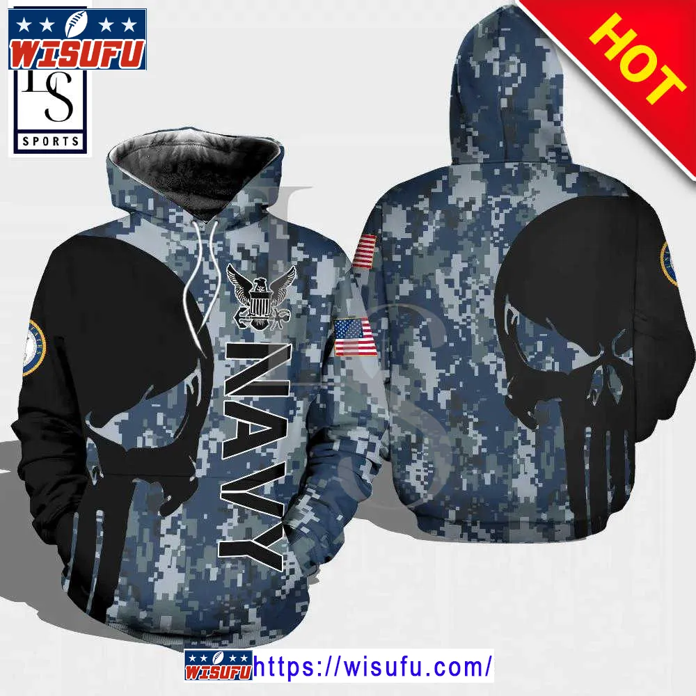 Veteran American Military Usn Navy Black Skull On The Left 3d Hoodie