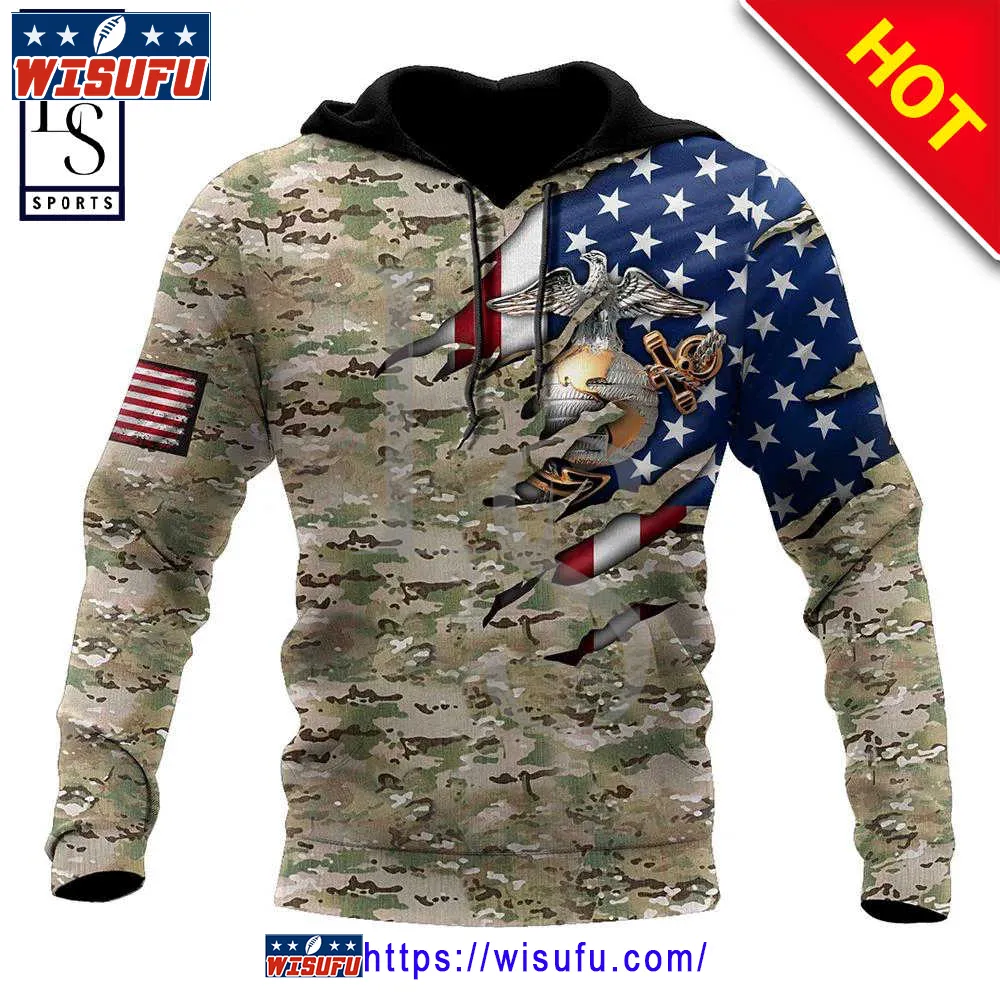 Veteran Marine Camo Usa Flag 3d Hoodie