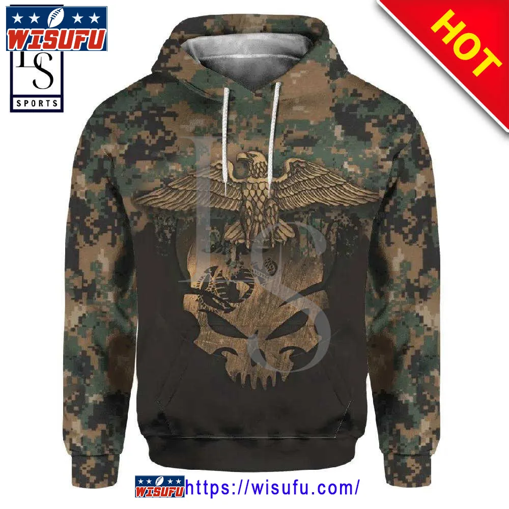 Veteran Marine Veteran Skull Eagle Camouflage 3d Hoodie