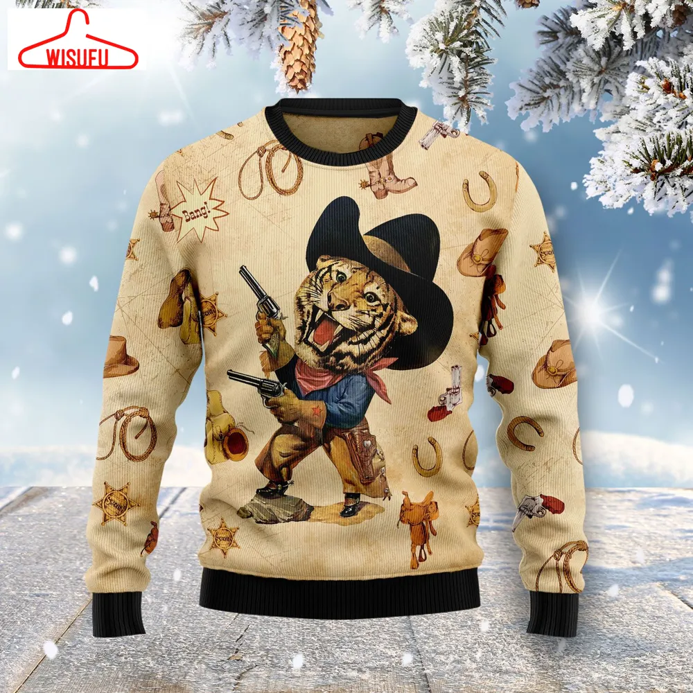 Vint-agethoroughbreds54760 - Cowboy Tiger Ugly Christmas Sweater, All Over Print New Winter Fashion 3d Sweater, Best Gift Ideas