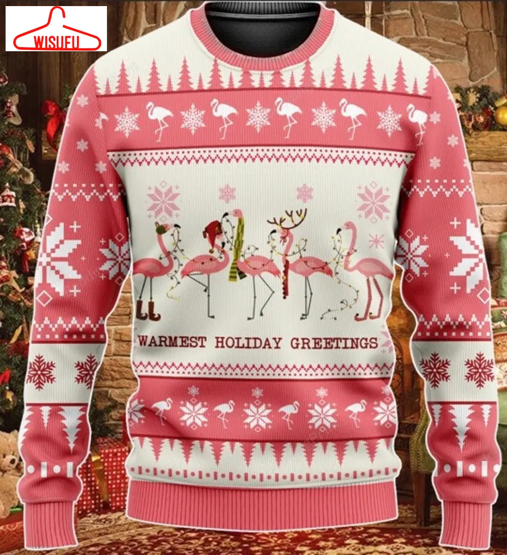 Warmest Holiday Greetings Flamingo Ugly Christmas Sweater