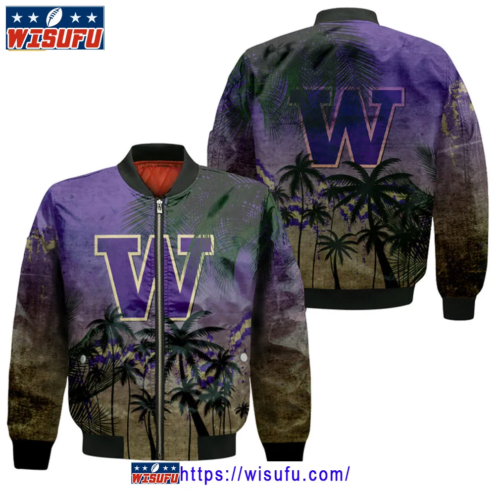 Washington Huskies Coconut Tree Tropical Grunge Bomber Jacket