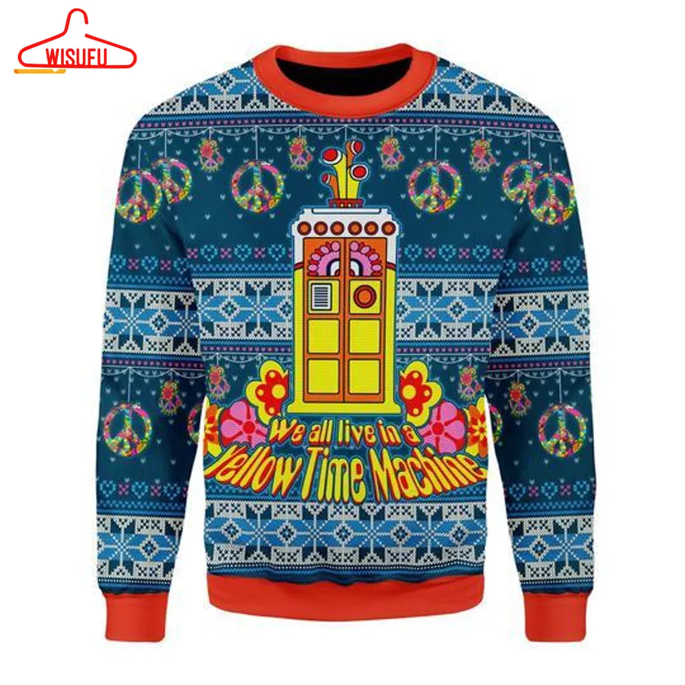 We All Live In A Yellow Time Machine Ugly Christmas Sweater