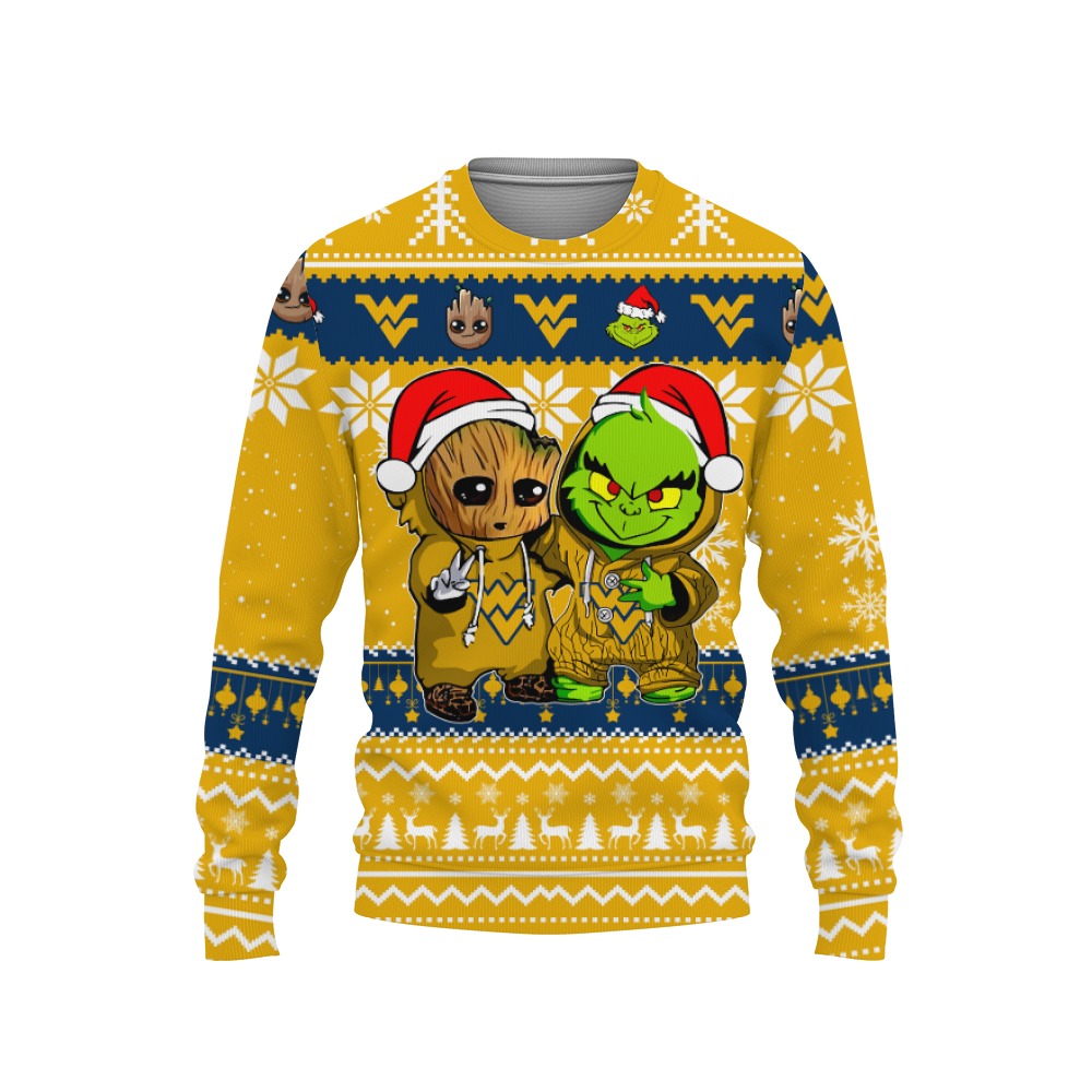 West Virginia Mountaineers Baby Groot And Grinch Best Friends Football American Ugly Christmas Sweater New Trends For Fans Club Gifts Unisex, Hoodie, Sweatshirt-3D Sweatshirt