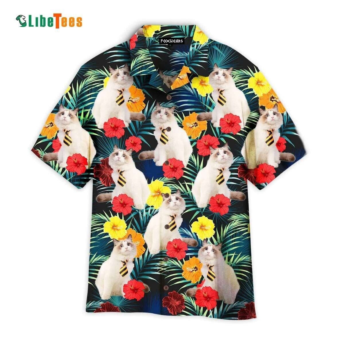 White Cat Amidst Tropical Florals Funny Hawaiian Shirt For Men, S-5XL US Size