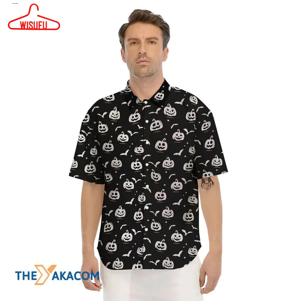 White Pumpkins And Bat Black Halloween Hawaiian Shirt, New Fashion Gifts