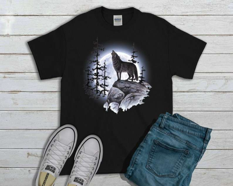 Wild Animal T Shirt Wolf Howling At The Moon T-shirt Size S To 5XL
