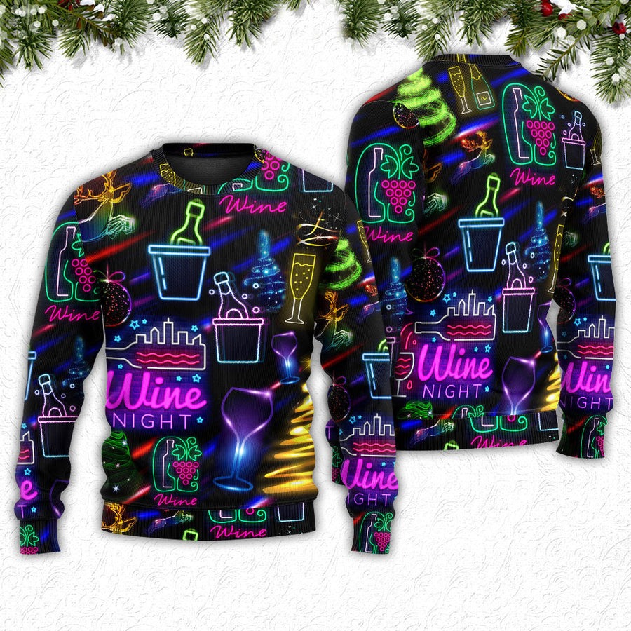 Wine Christmas Neon Art Drinking - Sweater - Ugly Christmas Sweaters