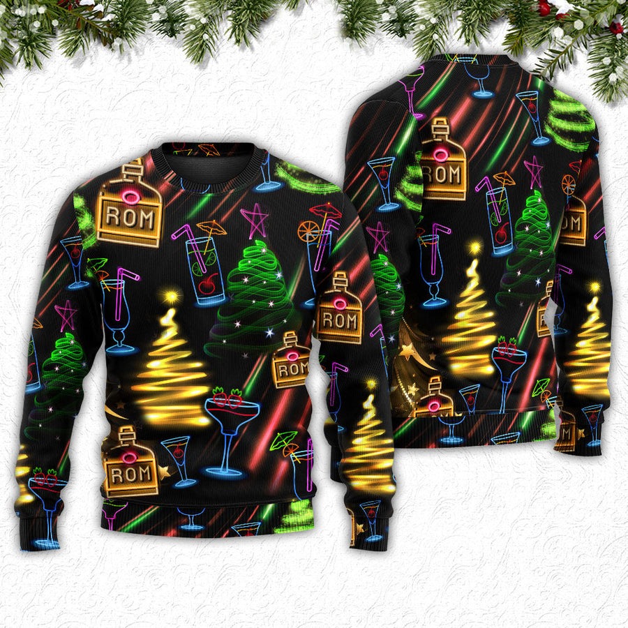 Wine Rum Christmas Neon Art Drinking - Sweater - Ugly Christmas Sweaters