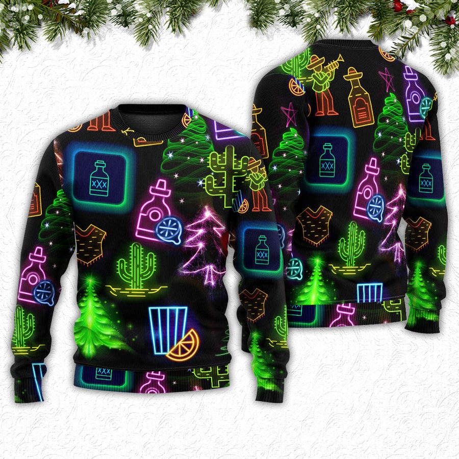 Wine Tequila Christmas Neon Art Drinking - Sweater - Ugly Christmas Sweaters